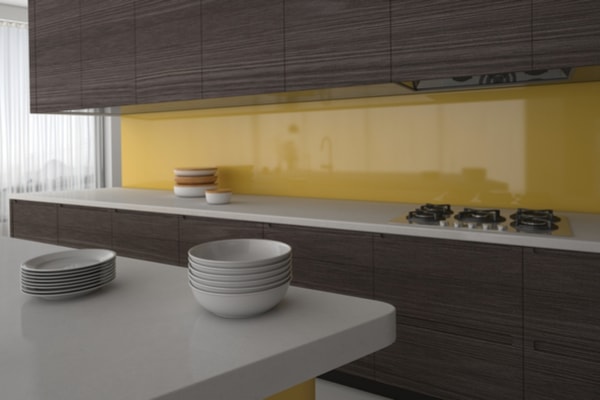 Kitchen with yellow splashback