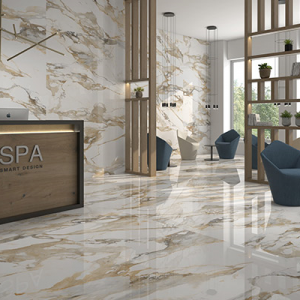 Office with gold line Marble Effect tile on walls and floor