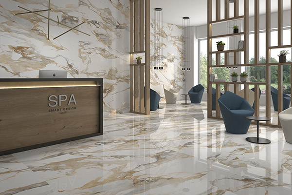 Office with gold line Marble Effect tile on walls and floor