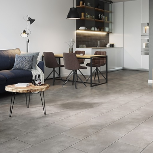 City Light Grey concrete effect tile on the floor of a lounge