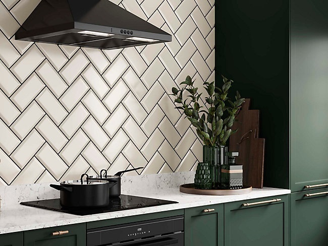 metro cream tiles in herringbone pattern; a great kitchen floor idea