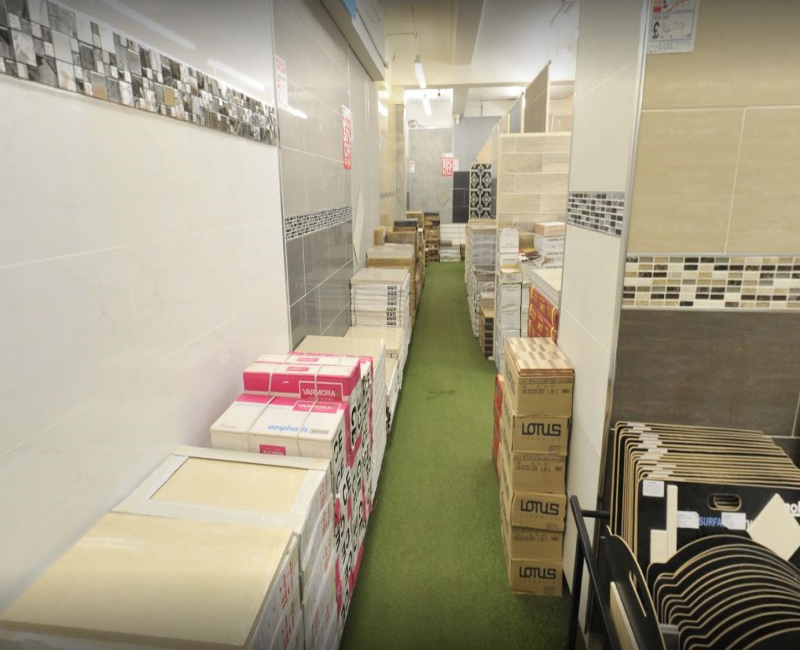 Various tile displays and stock boxes of tiles