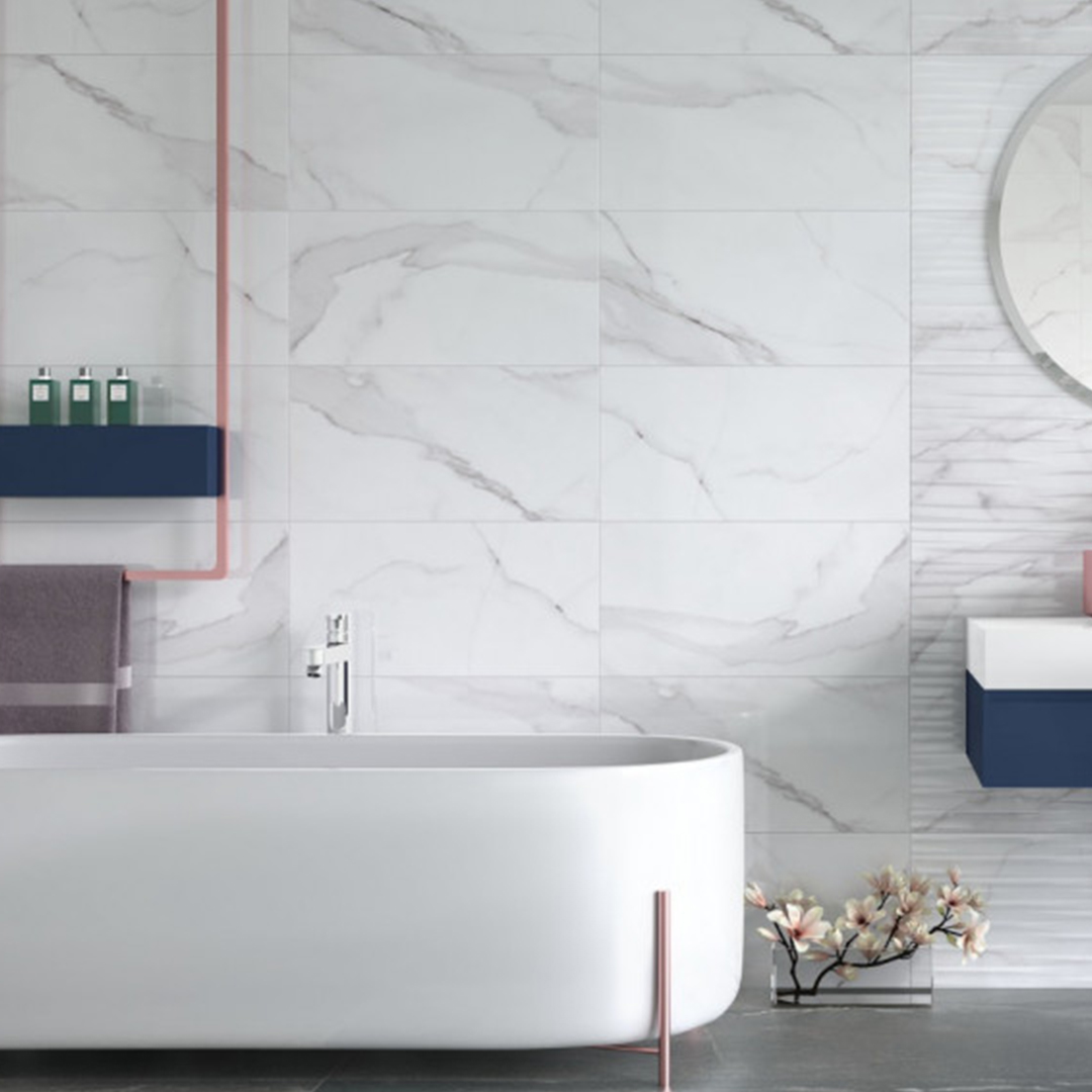 Large marble-effect porcelain wall tiles in bathroom