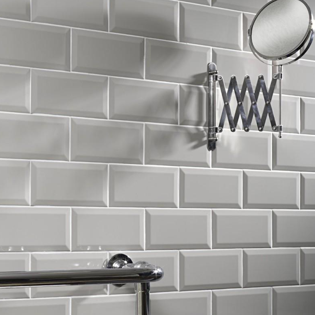 White bevelled metro wall tiles in a bathroom