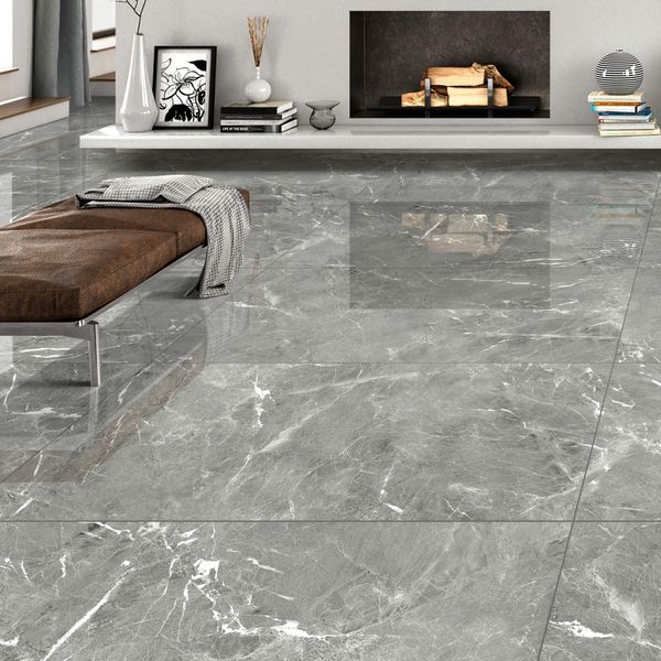 Makrana Breccia Grey Polished Marble Effect Tile 60x120cm
